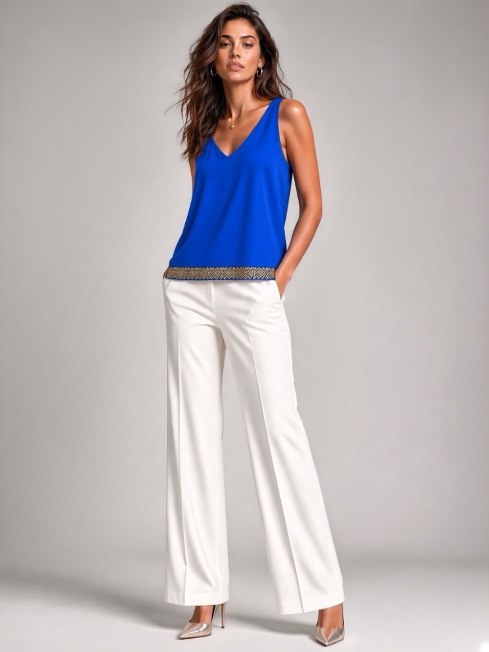 Tangerine NYC Cobalt Blue V-Neck Sleeveless Top with Embroidered Hem